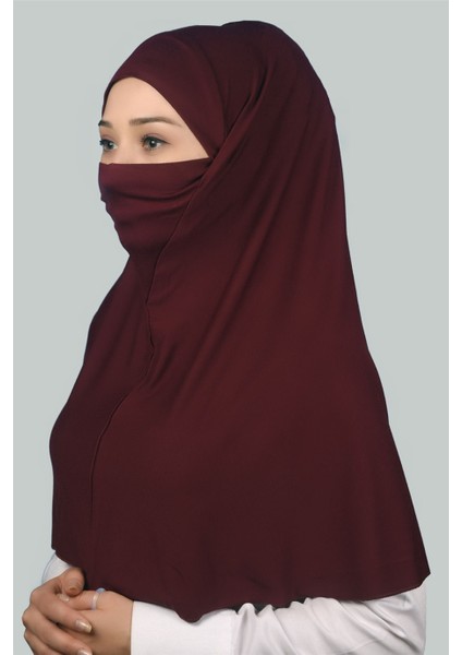 Hazır Türban Peçeli Pratik Eşarp Tesettür Nikaplı Hijab - Namaz Örtüsü Sufle (Xl) - Bordo