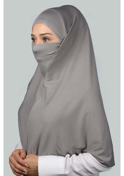 Al-Tobeh Hazır Türban Peçeli Pratik Eşarp Tesettür Nikaplı Hijab - Namaz Örtüsü Sufle (Xl) - Gri