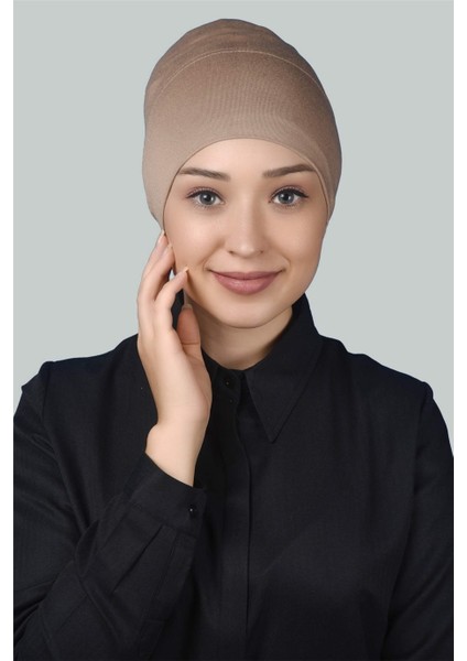 Hazır Pratik Geçmeli Uzun Boru Tesettür Bonesi - Koyu Bej