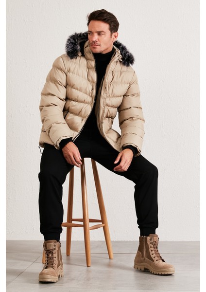 Slim Fit Suni Kürklü Peluş Astarlı Çıkarılabilir Kapüşonlu Şişme Mont Erkek Mont 5761080 B fiyatları