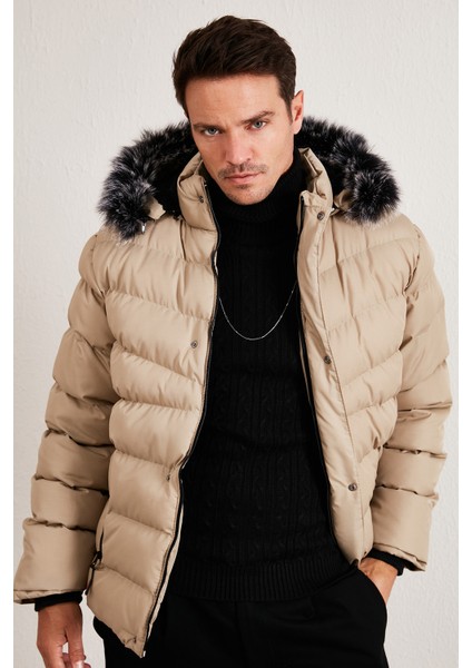 Slim Fit Suni Kürklü Peluş Astarlı Çıkarılabilir Kapüşonlu Şişme Mont Erkek Mont 5761080 B modelleri
