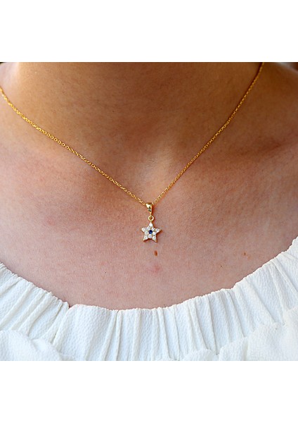 Lacivert Beyaz Taşlı Minimal Yıldız Gümüş Kolye