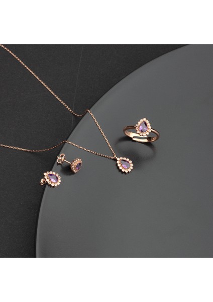 925 Ayar Gümüş Ametist Renkli Damla Model Kolye Küpe Yüzük Takı Seti