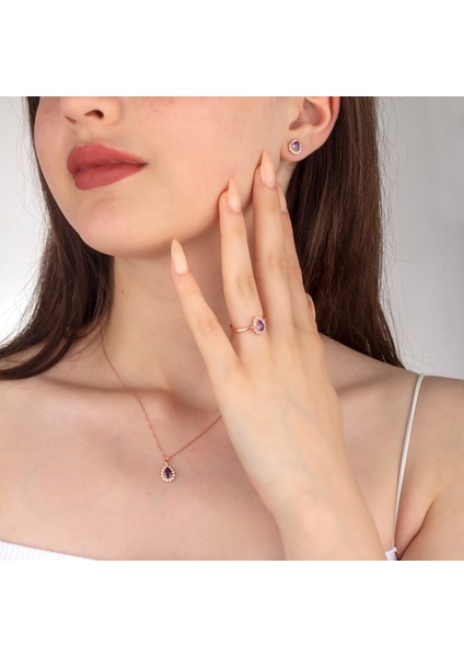925 Ayar Gümüş Ametist Renkli Damla Model Kolye Küpe Yüzük Takı Seti fiyatları