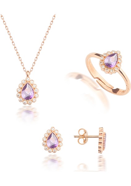 925 Ayar Gümüş Ametist Renkli Damla Model Kolye Küpe Yüzük Takı Seti modelleri