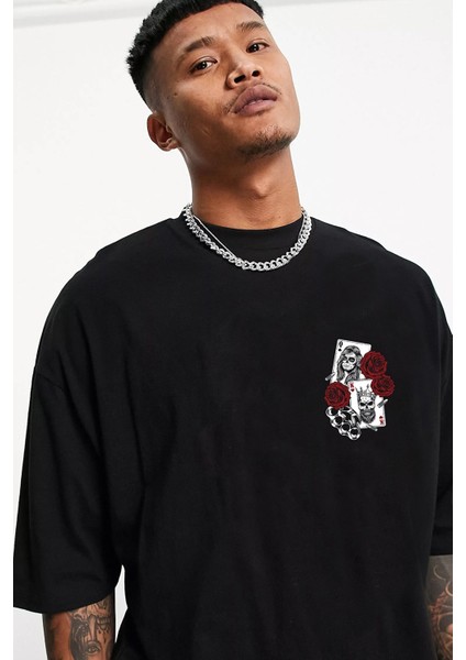 Card Baskılı Siyah Oversize Unisex T-Shirt