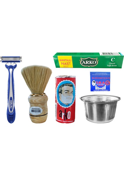 Tıraş Seti - Arko Tıraş Sabunu, Metal Tıraş Kasesi, Tıraş Fırçası, Gilette Blue3, 30 Cc Krem, İha Kan Taşı
