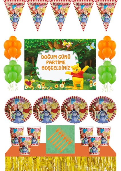 Doğum Günü 8 Kişilik 70X100 cm Afişli Winnie The Pooh Parti Malzemeleri Seti Masa Etekli