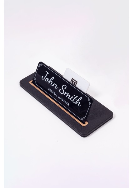 Deri Masa Isimliği Siyah Ahşap Detaylı - Isimlik ve Kartvizitlik fiyatları