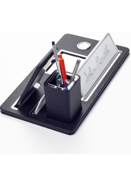 Masaüstü Isimliği Deri Organizer Siyah Krom Detaylı Saat ve Kalemlikli modelleri