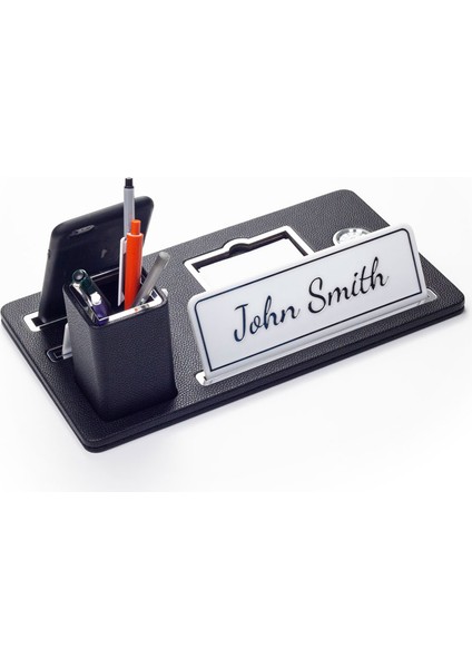 Masaüstü Isimliği Deri Organizer Siyah Krom Detaylı Saat ve Kalemlikli fırsatları