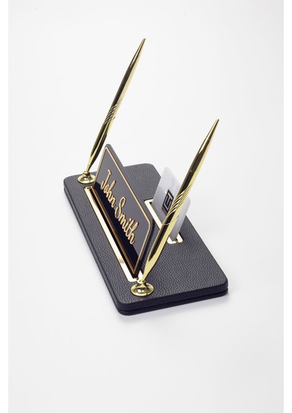 Iki Kalemli Deri Masa Isimliği Siyah Gold Detaylı