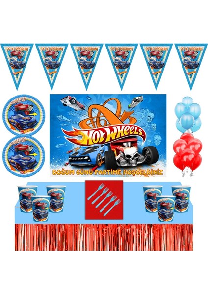 Doğum Günü 16 Kişilik 50X70 cm Afişli Hot Wheels Parti Malzemeleri Seti Masa Etekli