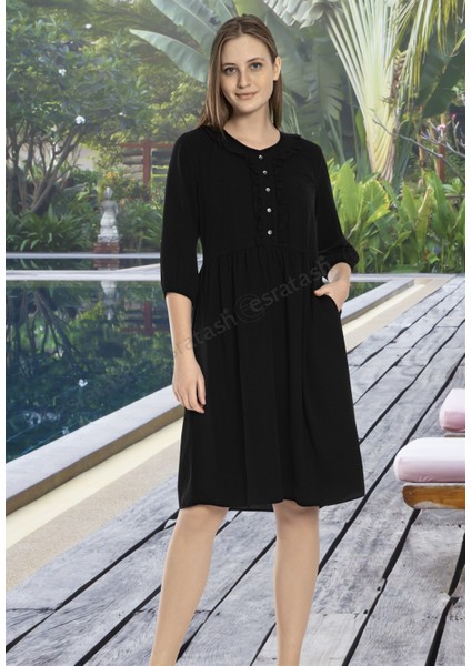 Fakir Kol Düğme Yaka Detaylı Siyah Elbise