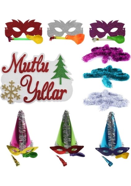 3'lu Fırfır Süs, Yılbaşı Katyon Set, Parlak Simli Maske Seti