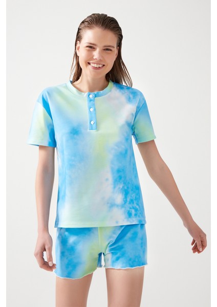 Kadın Mavi Yeşil Batik Desenli Pijama Takımı Pj