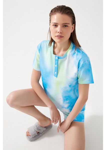 Kadın Mavi Yeşil Batik Desenli Pijama Takımı Pj modelleri