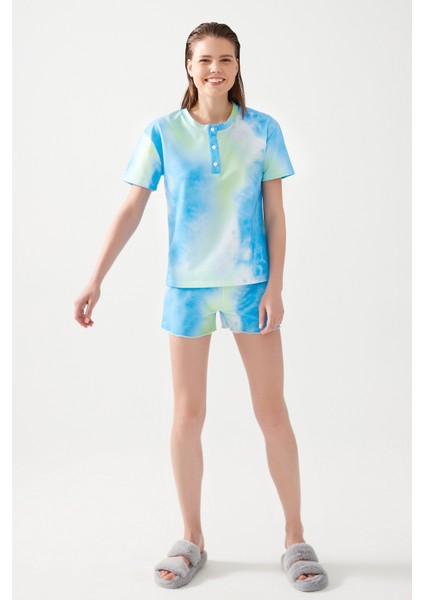 Kadın Mavi Yeşil Batik Desenli Pijama Takımı Pj fırsatları