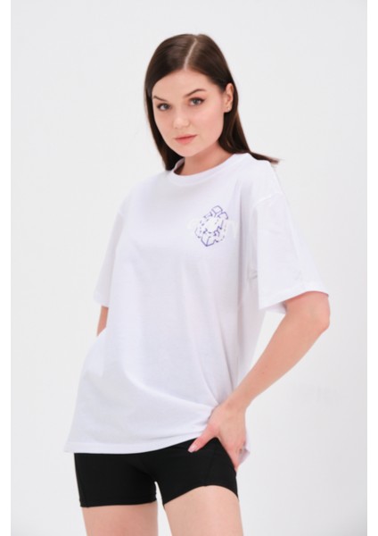 Beyaz Baskılı Oversize T-Shirt