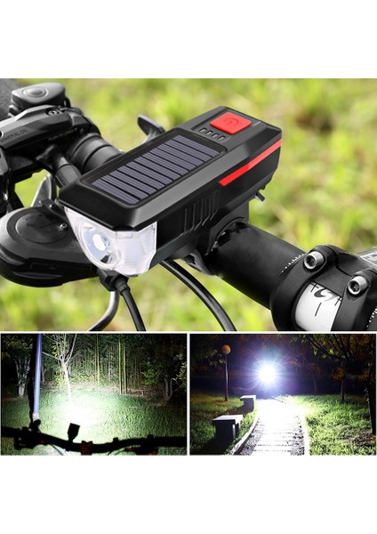 Bisiklet Işık Solar USB Şarj Edilebilir Çift Şarjlı Korna Lambası Su Geçirmez Bisiklet Far Bisiklet Ön Işık Su Geçirmez + Korna (Yurt Dışından)
