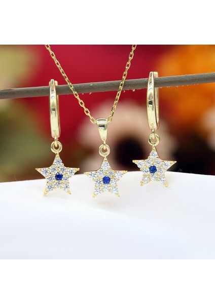 Lacivert Beyaz Taşlı Minimal Yıldız Gümüş Kolye Küpe Takım
