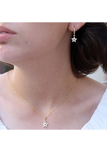 Lacivert Beyaz Taşlı Minimal Yıldız Gümüş Kolye Küpe Takım fiyatları
