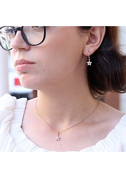 Kırmızı Beyaz Taşlı Minimal Yıldız Gümüş Kolye Küpe Takım