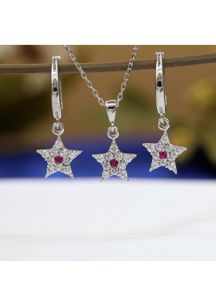 Kırmızı Beyaz Taşlı Minimal Yıldız Gümüş Kolye Küpe Takım fiyatları