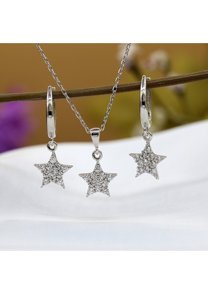 Beyaz Taşlı Minimal Yıldız Gümüş Kolye Küpe Takım