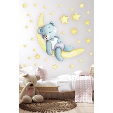 Msticker Ayda Uyuyan Uykucu Ayıcık ve Sarı Yıldızlar Çocuk Odası Sticker Seti