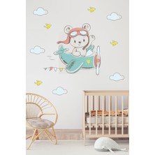Uçakta Uçan Ayıcık Soft Renklerde Çocuk Odası Sticker