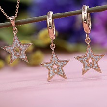 Beyaz Taşlı Yıldız Gümüş Kolye Küpe Takım