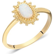 Fasek Gold Gümüş Yüzük - Oval Opal Taşlı Yüzük-Çiçek Desenli Doğal Taşlı 925 Ayar Gümüş Evlilik Teklifi Yüzügü