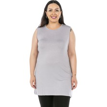 Disentis Modest Büyük Beden Yuvarlak Yaka Kalın Askılı Viskon Uzun Açık Gri Body