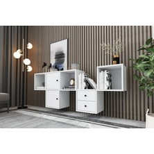 Nettrends Dolapli Çekmeceli Duvar Rafli Kitaplik 170 cm Beyaz KTP-1446-Ç