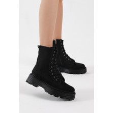 Tonny Black Kadın Siyah Süet Poli Taban Rahat Kalıp Bağcıklı Bot