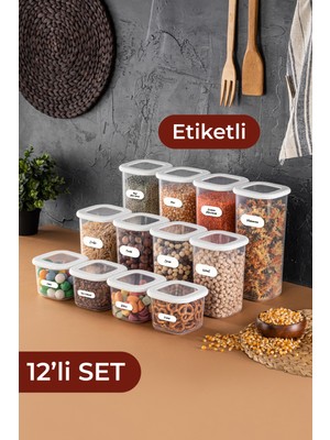 Vienev Etiketli Foly Kare Erzak Saklama Kabı 12'li Set 4x(0,55 Litre, 1,2 Litre, 1,75 Litre) Beyaz