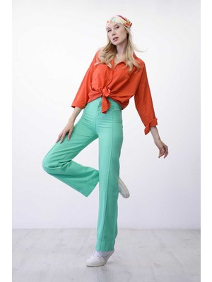 Önü Çimalı Bol Paça Pantalon