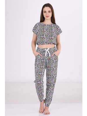 Kadın Renkli Detaylı Cepli Leopar Desenli Bant Paça Pijama Altı