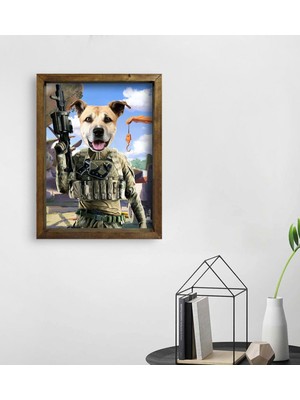 BK Evcil Dostlara Özel Asker Tasarımlı Portre Doğal Masif Ahşap Çerçeveli Tablo 45X65CM-1