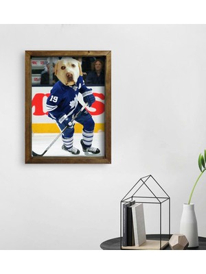 BK Evcil Dostlara Özel Buz Hokeyi Oyuncusu Tasarımlı Portre Doğal Masif Ahşap Çerçeveli Tablo 45X65CM-1