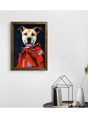BK Evcil Dostlara Özel Astronot Tasarımlı Portre Doğal Masif Ahşap Çerçeveli Tablo 45X65CM-1