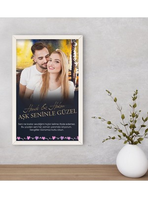 BK Kişiye Özel Fotoğraflı Mesajlı Dekoratif Ahşap Beyaz Çerçeveli Tablo 40X25CM-1