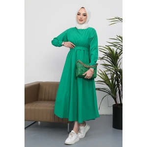 Yarasa Kol Beli Lastikli Dorf Kuşaklı Tesettür Elbise 228 - Yeşil