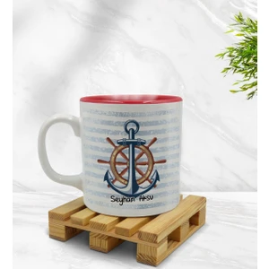 Kişiye Özel Çapa ve Dümen Tasarımlı Içi Kırmızı Renkli Kupa Bardak Model 1