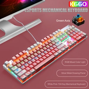 Kablolu USB Mekanik Klavye 104 Tuşlu Ergonomik Oyun Klavyesi Mouse Seti Oyun Yazma Pc Uyumlu Pembe(Yurt Dışından)