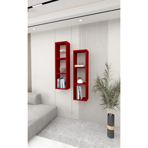Dekormer Design Kitaplık Kırmızı Ikili Çapraz Duvar Rafı Takım