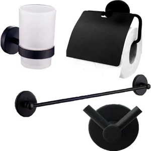 Siyah Banyo Uzun Havluluk, Bornoz Askılık, Wc Kağıtlık, Diş Fırçalık 4 Lü Set