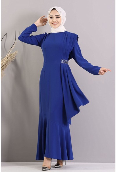 Sağ Yanı Taşlı Pileli Fırfırlı Elbise-Saks Mavi