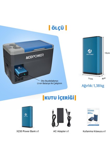 Acopoer X230 14.8VOLT 13AMPER Yedek Buzdolabı Aküsü Powerbank LED Lamba modelleri